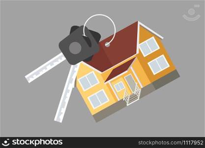 Two keys and a house keychain,real estate concept,flat vector illustration. Two keys and a house keychain