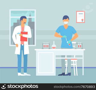 Two laboratory assistants making scientific research in modern clinic. Scientists in white medical coats working with tubes, make experiments, exploring tests. Vector illustration in flat style. Laboratory assistant make scientific research, two men in medical coat making analysis in laboratory