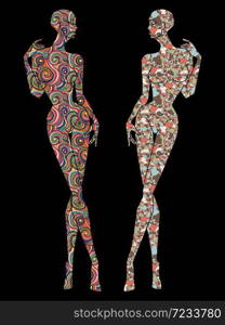 Two ladies body stencil decorated various patterns, isolated on the black background