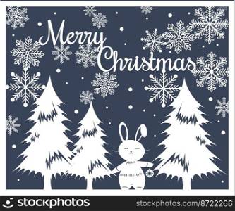 Two-layer paper cut Christmas card with silhouettes of a rabbit, fir trees, snowflakes.White outline on a blue background. Can be used for plotter cutting, as a paper card, Christmas decor or a template for your crafts