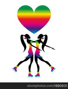 Two lesbian girls silhouette with ice figure skate shoes moving towards each other and a heart grows around them. LGBT rainbow flag, diversity, pride, equality, freedom concept vector illustration.