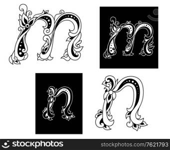 Two letters M and N in floral style isolated on white background