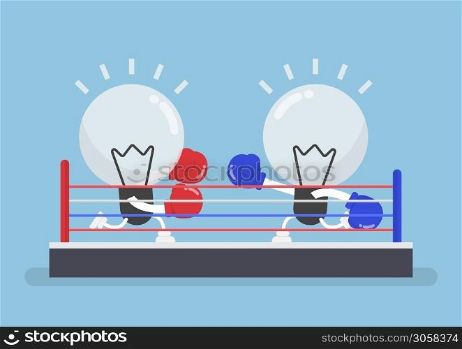 Two light bulb wearing boxing gloves fighting in boxing ring, concept of the competition of ideas.