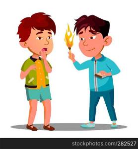 Two Little Asian Boys Playing With Matches Vector. Illustration. Two Little Asian Boys Playing With Matches Vector. Isolated Illustration