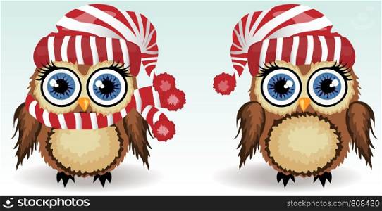 Two little cute owls in winter clothes: red striped hats and scarves with a pompon, a winter owl, shelter from the cold