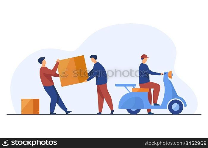 Two loaders carrying big carton box to couriers scooter. Delivery man with moped flat vector illustration. Logistics, delivery, moving, service concept for banner, website design or landing web page