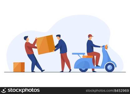 Two loaders carrying big carton box to couriers scooter. Delivery man with moped flat vector illustration. Logistics, delivery, moving, service concept for banner, website design or landing web page
