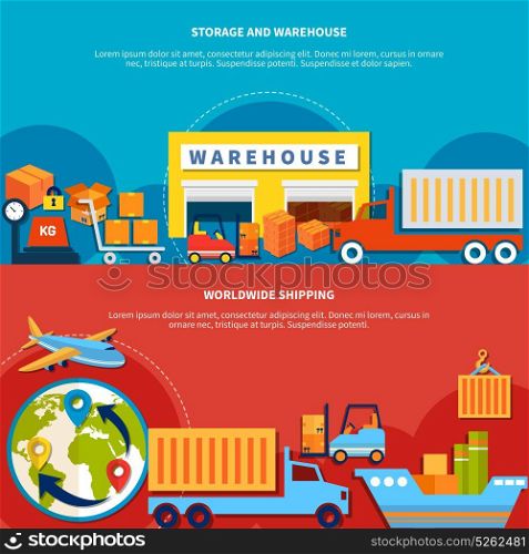 Two Logistic Banner Set. Two logistic banner set with worldwide shipping and storage and warehouse isolated and with text vector illustration