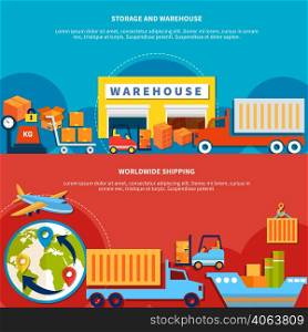 Two logistic banner set with worldwide shipping and storage and warehouse isolated and with text vector illustration. Two Logistic Banner Set