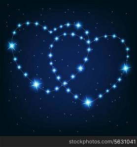 Two love heart from beautiful bright stars on the background of cosmic sky