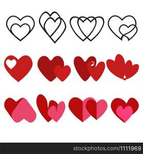 Two love heart icon. Loving hearts, red like and lovely romance outline symbols. Valentine lovely passion hearted emotional drawn or valentines day loving postcards vector isolated icons set