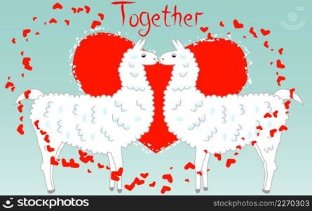 Two lovers kissing llamas surrounded by hearts. Love in the air, postcard to the day of Saint Valentine.. Two lovers, kissing llamas surrounded by hearts. Love is in the air. Valentine&rsquo;s day
