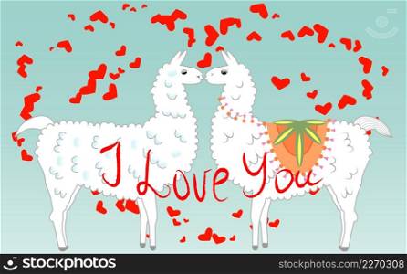 Two lovers kissing llamas surrounded by hearts. Love in the air, postcard to the day of Saint Valentine.. Two lovers, kissing llamas surrounded by hearts. Love is in the air. Inscription I love you, postcard, Valentine&rsquo;s day