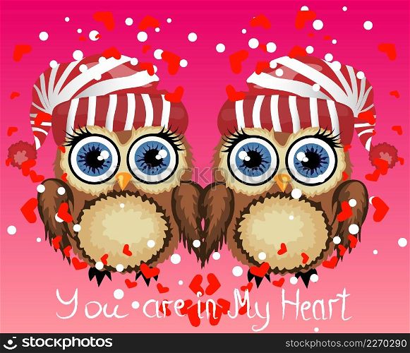Two loving owls, a pair, touch their wings, on a purple background. Concept Two hearts. The inscription You are in my heart.. Two loving owls, a pair, touch their wings, on a purple background. Concept Two hearts. The inscription I love you