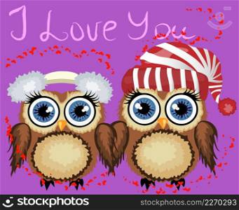 Two loving owls, a pair, touch their wings, on a purple background. Concept Two hearts. The inscription I love you.. Two loving owls, a pair, touch their wings, on a purple background. Concept Two hearts. The inscription I love you