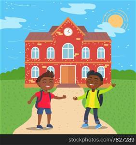 Two male african american students standing in front of red brick school building. Educational institution, boys students smiling vector illustration. Back to school concept. Flat cartoon. Arfo American Students in Front of School Vector