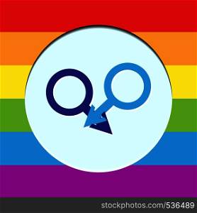 Two male characters in a white circle with backgrounds in LGBT colors