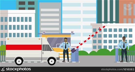Two Male security guards at toll booth, uniformed officer or protective agent near security cabin and gate with alarm,raised barrier with stop sign and delivery truck,City view on background,Flat vector illustration
