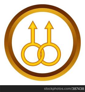 Two male sign vector icon in golden circle, cartoon style isolated on white background. Two male sign vector icon