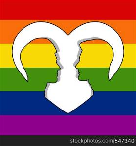 Two male silhouettes of the head look at each other in the contour of the heart. Background in colors of LGBT
