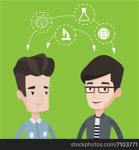 Two male students sharing with the ideas. Students studying together and arrows with school icons between them. Young happy students brainstorming. Flat design illustration. Square layout.. Students sharing with the ideas.