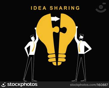 Two man are sharing the idea bulb puzzle to unite the one idea