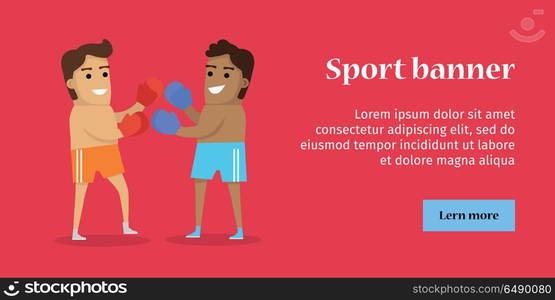 Two Man Boxing, Sports Banner. Two man boxing, sports banner. Two man in sports shorts and boxing gloves. Species of event. Vector background for web, print and other projects. Summer games background.