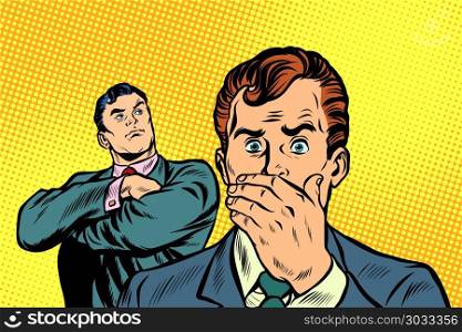 Two man businessman proud and surprised. Two man businessman proud and surprised. Pop art retro vector illustration comic cartoon kitsch drawing. Two man businessman proud and surprised