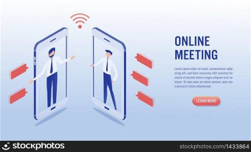 Two man communication using smartphone video call. Online meeting concept. Social distancing. Illustrations isometric flat vector design.