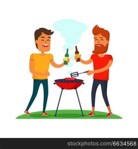 Two man with drink fried meat on barbecue in summer sunny day. Friends forever at the picnic in cartoon style. Boy with beard holding bottle of beer cheers another male vector illustration flat design. Two Man Fried Meat on Barbecue Friends Forever