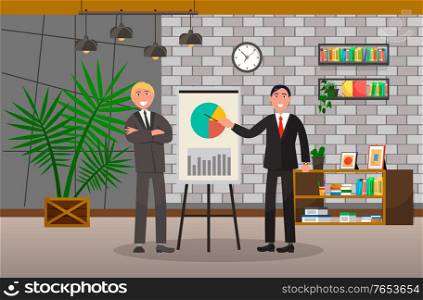 Two managers presenting analytics diagram. People on meeting discuss about information on board. Plants, bookshelf and clock in office room. Vector illustration of business appointment in flat style. Managers on Business Meeting, Office Room Interior