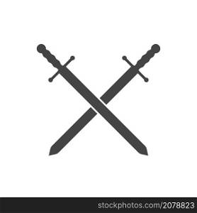 Two medieval knight crossed swords isolated vector emblem. Holy war, crusade sign. Black and white illustration.. Two medieval knight crossed swords isolated vector emblem. Black and white illustration