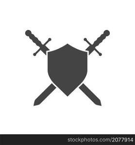 Two medieval knight crossed swords with shield isolated vector emblem. Holy war, crusade sign. Black and white illustration.. Two medieval knight crossed swords isolated vector emblem. Black and white illustration