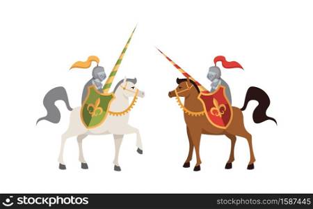 Two medieval knights. Brutal warriors on horse in steel shiny armor with shields battle, honor concept, illustration for child book fantasy character in traditional military costume flat vector people. Two medieval knights. Brutal warriors on horse in armor with shields battle, honor concept, illustration for child book fantasy character in traditional military costume flat vector people