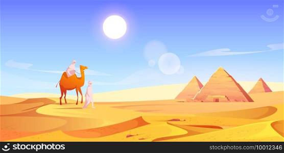 Two men and camel in Egyptian desert with pyramids. Vector cartoon illustration of landscape with arabic bedouins, yellow sand dunes, ancient pharaoh tombs and hot sun in sky. Two men and camel in Egyptian desert with pyramids