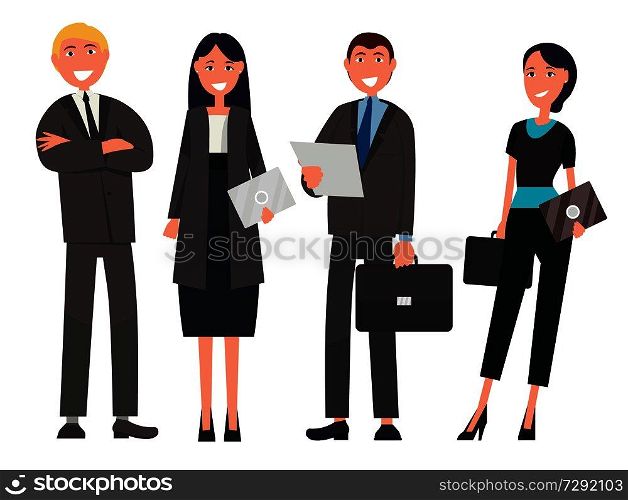 Two men and two women isolated on white. People dressed in black clothes. Vector illustration of successful smiling managers. Two Men and Two Women in Black Clothes with Cards
