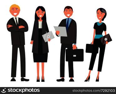 Two men and two women isolated on white. People dressed in black clothes. Vector illustration of successful smiling managers. Two Men and Two Women in Black Clothes with Cards