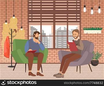 Two men are sitting in chairs in the room making notes in nitebooks holding paper and pen. Buiness man, manager or superviser or interviewer. Male character, journalist writing down some information. Two men are sitting in chairs in the room making notes in nitebooks holding paper and pen