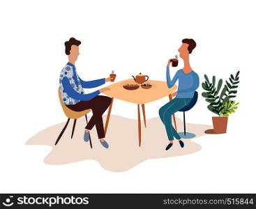 Two men are talking at a table in a cafe. Discuss over a cup of tea . Modern flat vector illustration.. Two men are talking at a table in a cafe.
