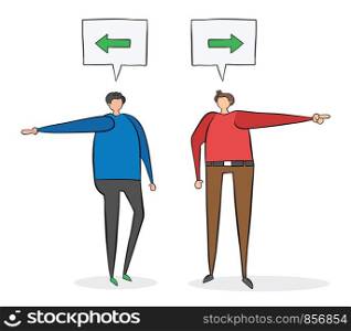 Two men arguing about direction. One says left, the other says right. Black outlines and colored.