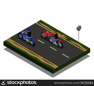 Two men bikers riding red and blue motorcycles isometric composition 3d vector illustration