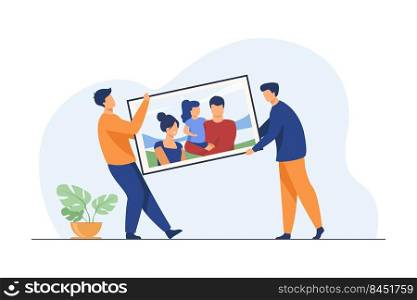 Two men carrying big family picture. People moving into new apartment flat vector illustration. Artwork, memory, family portrait concept for banner, website design or landing web page