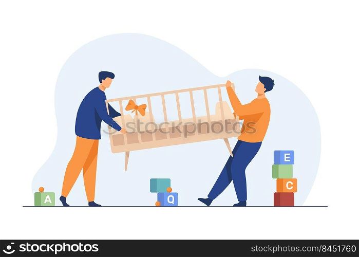Two men carrying new child cot. Bassinet, parent, newborn flat vector illustration. Furniture and childbirth concept for banner, website design or landing web page