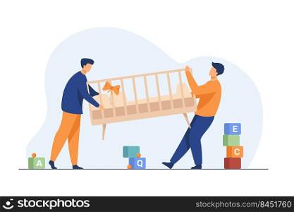 Two men carrying new child cot. Bassinet, parent, newborn flat vector illustration. Furniture and childbirth concept for banner, website design or landing web page
