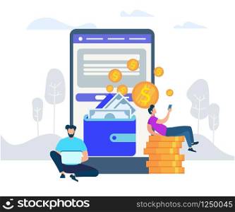 Two Men Characters Sitting at Huge Smartphone Screen and Wallet with Banknotes Using Gadgets, Guy Lounging on Golden Pile of Dollar Coins Pile at Nature Background. Cartoon Flat Vector Illustration.. Men Sitting at Huge Smartphone Screen Using Gadget