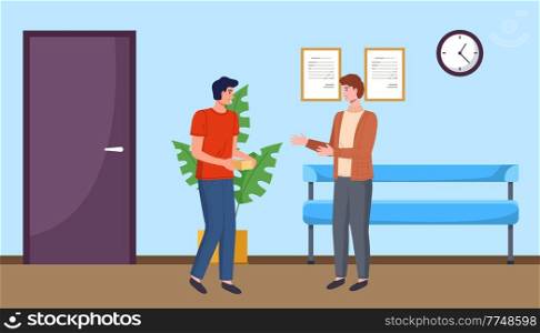Two men colleagues chatting during break standing in a hallway in office. Young male characters are talking together indoor in corridor. Positive communication of friends. People have a conversation. Two male colleagues chatting during break standing in a hallway. Young men are talking together