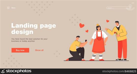 Two men courting woman vector illustration. Male characters offering flowers and jewelry to female. Woman wearing imaginary crown. Love contest concept for banner, website design or landing page 