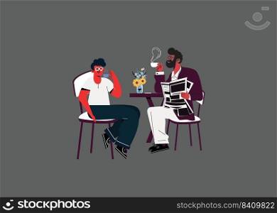 Two men drinking coffee and talking in cafe