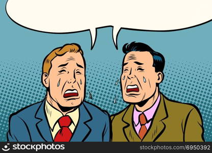 Two men friends crying. Comic cartoon pop art illustration retro vintage kitsch vector. Two men friends crying
