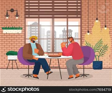 Two men friends sitting at a table eating pizza in pizzeria. Stylish male characters having lunch in restaurant with loft style interior with brick wall. Business partners has dinner in a cafe. Two men friends sitting at a table eating pizza in pizzeria or restaurant with loft style interior